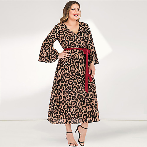 

Women's Yellow Dress Casual Daily A Line Loose Sheath Leopard Flare Cuff Sleeve Pleated Patchwork L XL