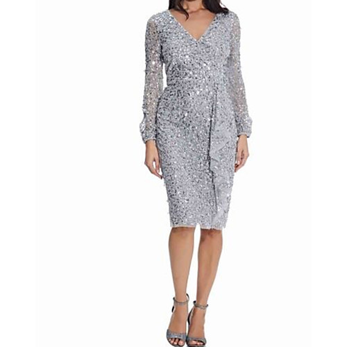 

Sheath / Column V Neck Knee Length Polyester Long Sleeve Sparkle & Shine Mother of the Bride Dress with Sequin Mother's Day 2020