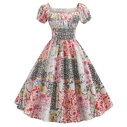 

Women's Rainbow Dress Active Cute Party Daily Swing Print Lantern Sleeve Patchwork Print S M