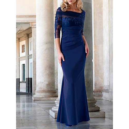 

Sheath / Column Bateau Neck Floor Length Lace / Satin 3/4 Length Sleeve Elegant Mother of the Bride Dress with Lace / Appliques Mother's Day 2020