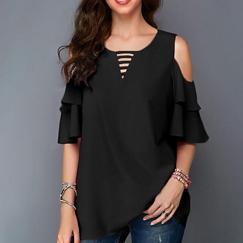 

Women's Solid Colored Layered Ruffle T-shirt Daily Black / Yellow / Blushing Pink / Fuchsia / Navy Blue / Gray