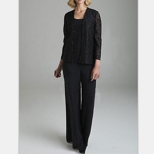 

Pantsuit / Jumpsuit Jewel Neck Floor Length Chiffon Long Sleeve Elegant Mother of the Bride Dress with Lace Mother's Day 2020