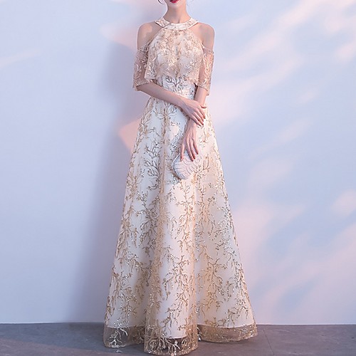 

Embroidery A-Line Elegant Short Shoulder Halter Neck Floor Length Lace Prom Formal Evening Dress