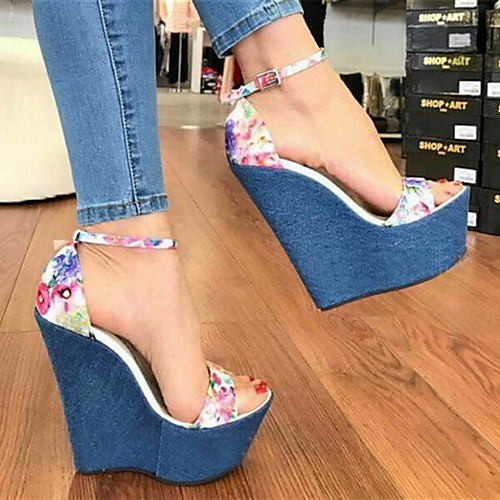 

Women's Sandals Wedge Heel Open Toe PU Summer Blue