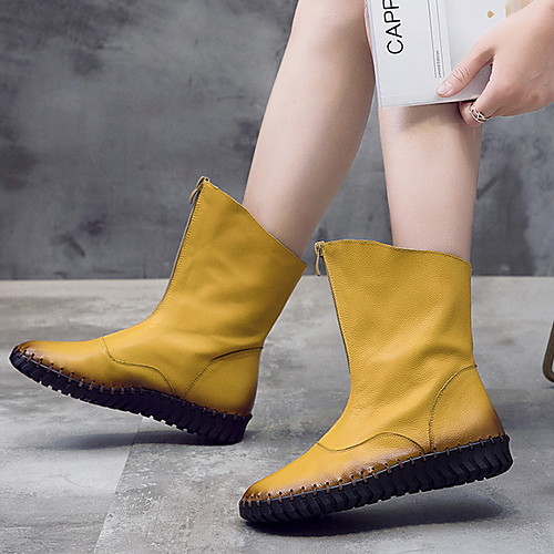 

Women's Boots Flat Heel Round Toe Leather Mid-Calf Boots Spring & Fall Yellow / Black