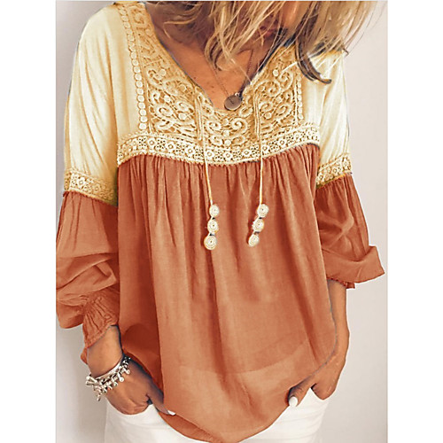 

Women's Color Block Lace up Patchwork Loose Blouse Daily V Neck White / Yellow / Blushing Pink / Light Green / Gray