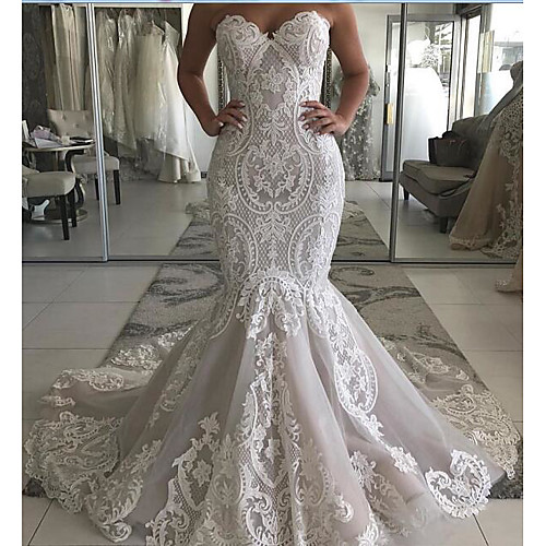 

Mermaid / Trumpet Sweetheart Neckline Sweep / Brush Train Polyester Strapless Country Plus Size Wedding Dresses with Embroidery 2020