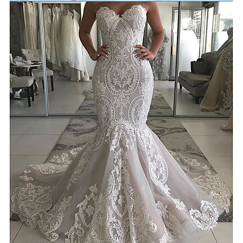 

Mermaid / Trumpet Wedding Dresses Sweetheart Neckline Sweep / Brush Train Polyester Strapless Country Plus Size with Embroidery 2020