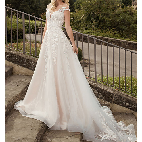 

A-Line V Neck Court Train Lace / Tulle Short Sleeve Country Plus Size Wedding Dresses with Lace / Appliques 2020