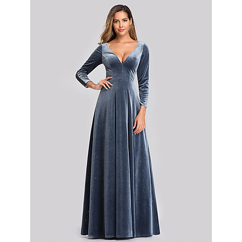 

A-Line V Neck Floor Length Velvet Vintage / Blue Wedding Guest / Formal Evening Dress with Sleek 2020