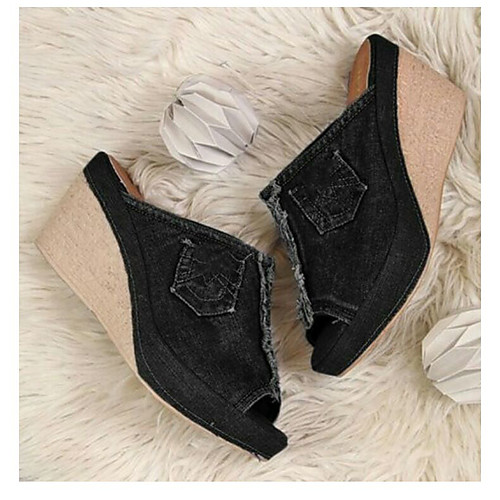 

Women's Heels 2020 Wedge Heel Open Toe Denim Casual / Minimalism Spring & Fall / Spring & Summer Blue / Black