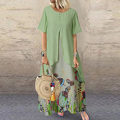 

Women's Blushing Pink Green Dress Vintage Style Daily Swing Geometric Butterfly Patchwork Print M L