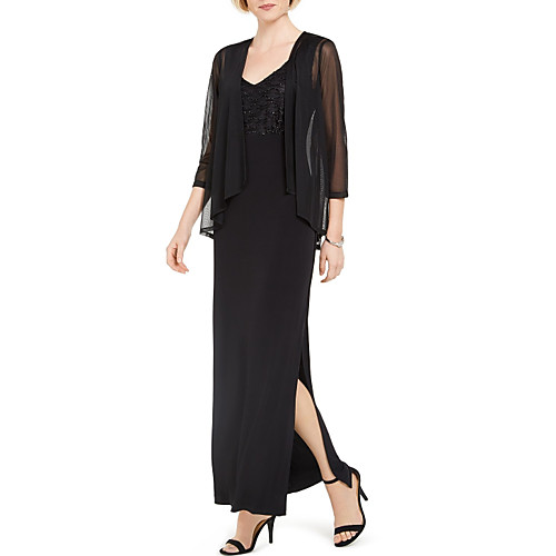 

Sheath / Column V Neck Floor Length Polyester 3/4 Length Sleeve Elegant Mother of the Bride Dress with Sequin / Split Front Mother's Day 2020