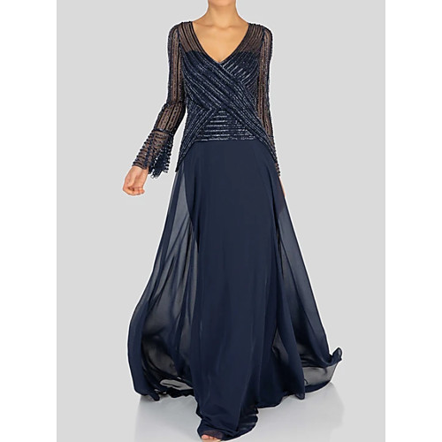 

A-Line V Neck Floor Length Chiffon Long Sleeve Elegant Mother of the Bride Dress with Sequin Mother's Day 2020