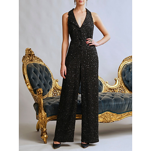 

Pantsuit / Jumpsuit V Neck Floor Length Polyester Sleeveless Elegant Mother of the Bride Dress with Sequin Mother's Day 2020