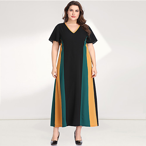 

Women's Plus Size Maxi A Line Dress - Long Sleeve Color Block Solid Color Patchwork V Neck Casual Elegant Daily Going out Flare Cuff Sleeve Green XL XXL XXXL