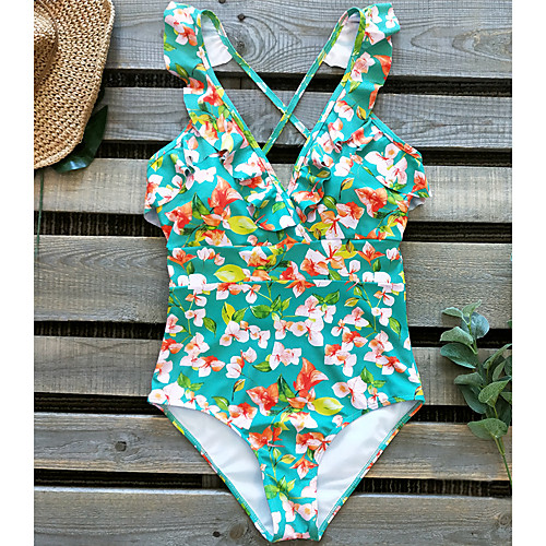 

Women's Basic Green White Black One-piece Swimwear Swimsuit - Animal Criss Cross S M L Green