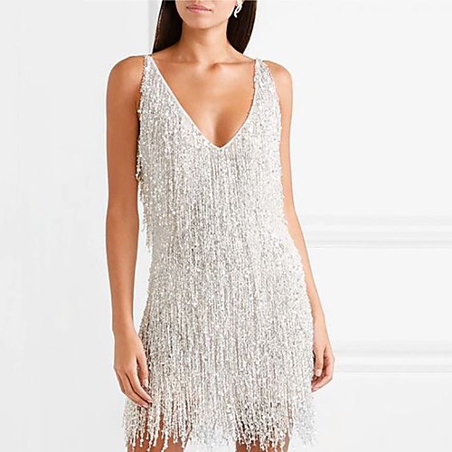 

Women's Mini Silver Dress Elegant Sexy Cocktail Party New Year Going out Sheath Solid Colored Deep V Backless Tassel Fringe Glitter S M