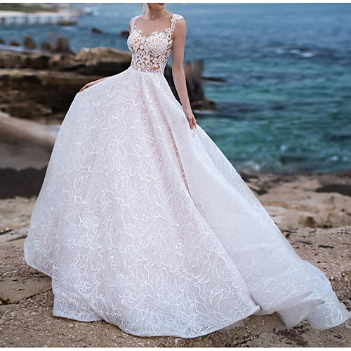 

Ball Gown Wedding Dresses Scoop Neck Chapel Train Lace Tulle Sleeveless Beach Plus Size with Draping Appliques 2020