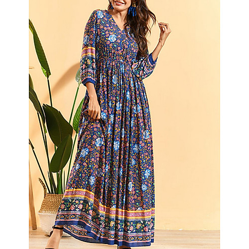 

Women's Maxi Blue Dress Swing Floral V Neck M L