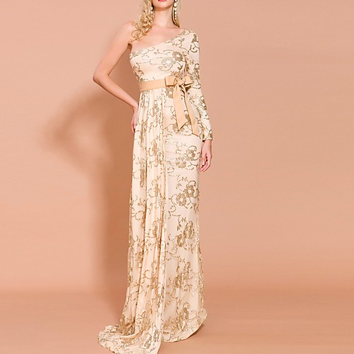 

Sheath / Column One Shoulder Sweep / Brush Train Polyester Elegant / Gold Prom / Formal Evening Dress with Pattern / Print 2020