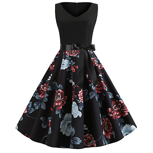 

Women's Black Dress Vintage Style Street chic Party Daily Swing Print Patchwork Print S M