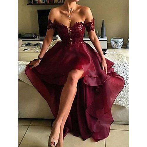 

A-Line Beautiful Back Sexy Homecoming Cocktail Party Dress Off Shoulder Sleeveless Asymmetrical Polyester with Ruffles Appliques 2020