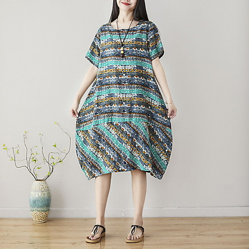 

Women's Green Blue Dress Elegant Shift Striped M L