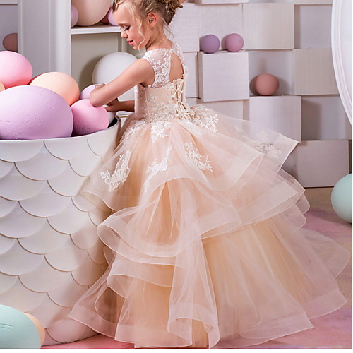 

Ball Gown Floor Length Wedding / Birthday Flower Girl Dresses - Polyester Sleeveless Jewel Neck with Tier / Appliques