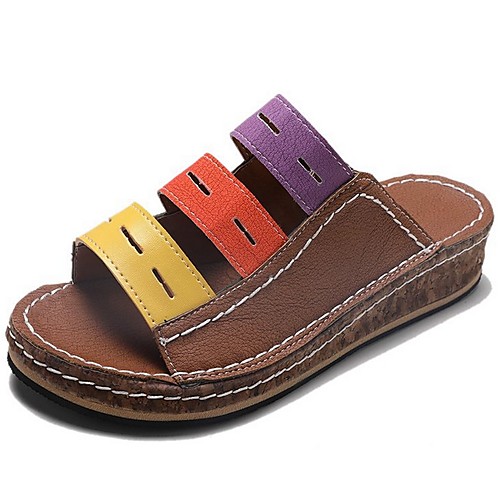 

Women's Slippers & Flip-Flops Flat Heel Open Toe PU Summer Blue / White / Brown