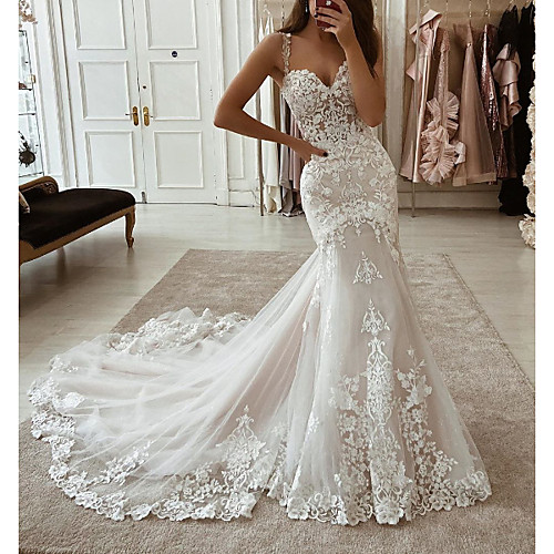 

Mermaid / Trumpet Spaghetti Strap / Scoop Neck Court Train Polyester / Lace / Tulle Sleeveless Country Plus Size Wedding Dresses with Embroidery / Appliques 2020