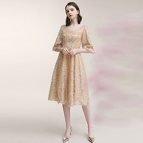 

Sequin A-Line Sequined Sparkle Puff Balloon Sleeve V Neck Knee Length Homecoming Cocktail Party Dress