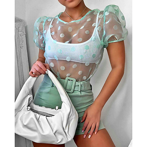 

Women's Polka Dot Mesh Blouse Basic Street chic Daily Going out Black / Light Green