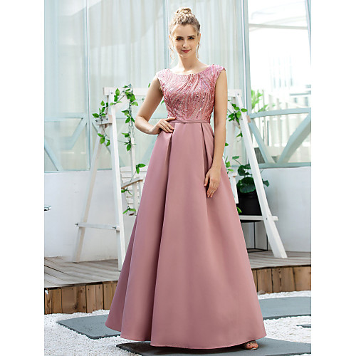 

A-Line Elegant Pink Engagement Prom Dress Jewel Neck Sleeveless Floor Length Polyester with Sequin 2020