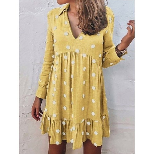 

Women's Shift Dress - Long Sleeve Polka Dot V Neck Blue Yellow Orange S M L XL XXL XXXL