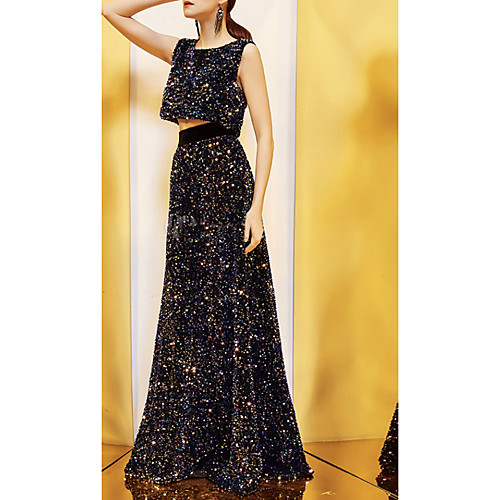 

Two Piece Sparkle Black Wedding Guest Prom Dress Jewel Neck Sleeveless Floor Length Polyester with Sequin 2020