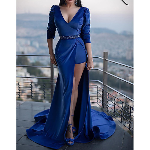 

Mermaid / Trumpet V Neck Court Train Polyester Sexy / Blue Engagement / Formal Evening Dress with Sash / Ribbon 2020