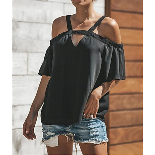 

Women's Solid Colored Cut Out Ruffle Mesh Blouse Daily V Neck Black / Blushing Pink / Green / Gray