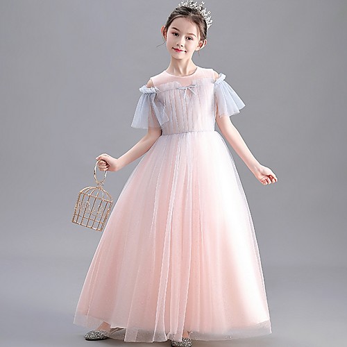 

A-Line Floor Length Party / Pageant Flower Girl Dresses - Polyester Short Sleeve Jewel Neck with Solid