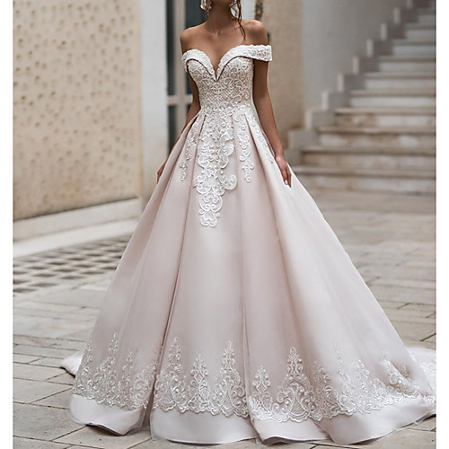 

Ball Gown Off Shoulder Court Train Polyester Cap Sleeve Country Plus Size Wedding Dresses with Appliques 2020