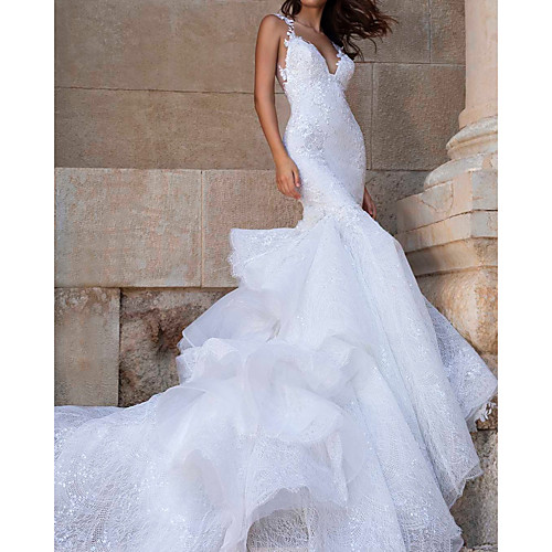 

Mermaid / Trumpet V Neck Court Train Polyester Sleeveless Country Plus Size Wedding Dresses with Appliques / Cascading Ruffles 2020