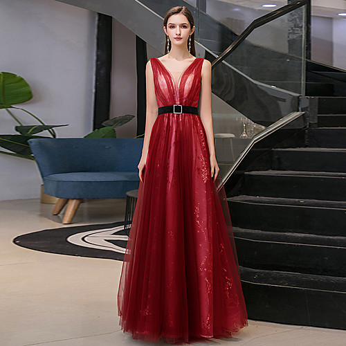 

A-Line Sparkle Red Wedding Guest Prom Dress V Neck Sleeveless Floor Length Tulle with Sash / Ribbon Sequin 2020