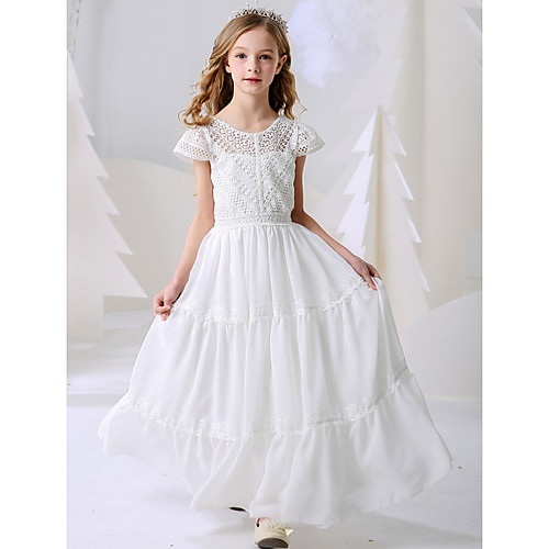 

A-Line Floor Length Event / Party / Birthday Flower Girl Dresses - POLY Short Sleeve Jewel Neck with Pleats