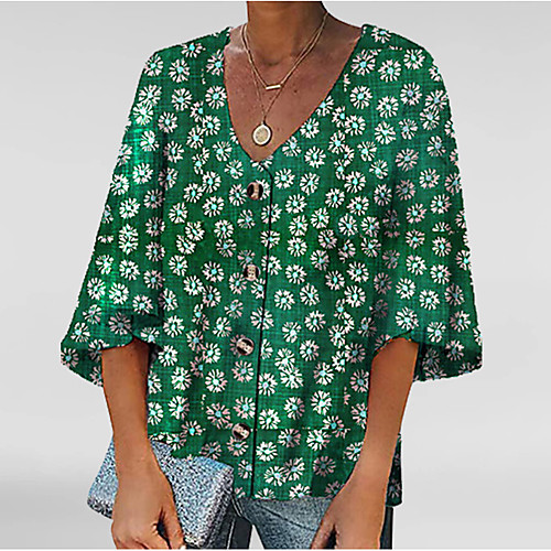 

Women's Daily T-shirt - Geometric Print V Neck Green