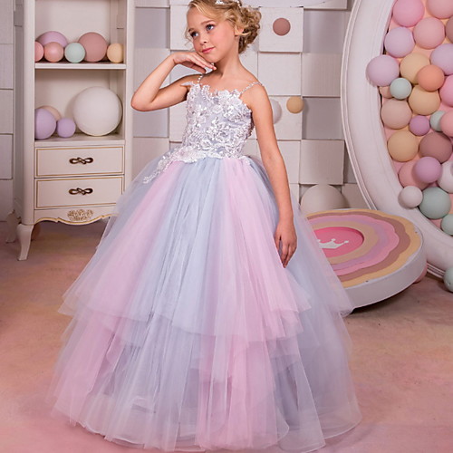 

Ball Gown Floor Length Event / Party / Formal Evening Flower Girl Dresses - Polyester Sleeveless Spaghetti Strap with Tier / Appliques