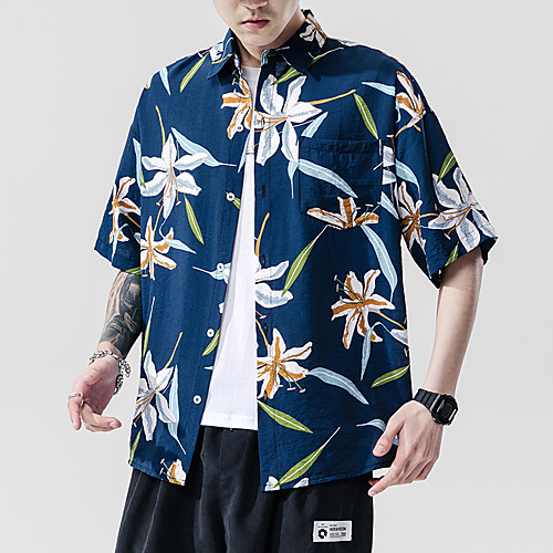 

Men's Daily Holiday Boho / Tropical Shirt - Striped / Geometric / Scenery Tropical Leaf, Print Blue