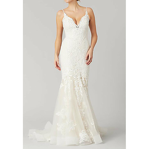 

Mermaid / Trumpet Spaghetti Strap Sweep / Brush Train Polyester / Tulle Sleeveless Country Plus Size Wedding Dresses with Lace / Embroidery 2020