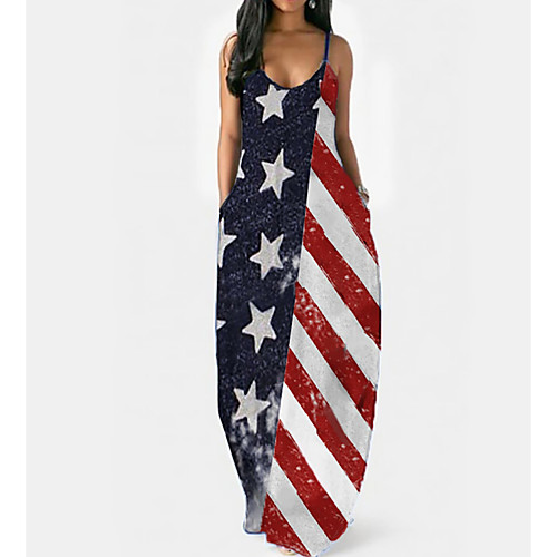 

Women's Maxi Blue Dress Maxi Dress Spring Holiday Vacation Shift Flag Strap Blue & White M L