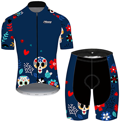 

21Grams Men's Short Sleeve Cycling Jersey with Shorts Black / Blue Skull Floral Botanical Bike Clothing Suit UV Resistant Breathable Quick Dry Sweat-wicking Sports Skull Mountain Bike MTB Road Bike