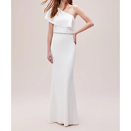 

Sheath / Column One Shoulder Sweep / Brush Train Polyester Short Sleeve Simple Plus Size Wedding Dresses with Sashes / Ribbons / Ruffles 2020